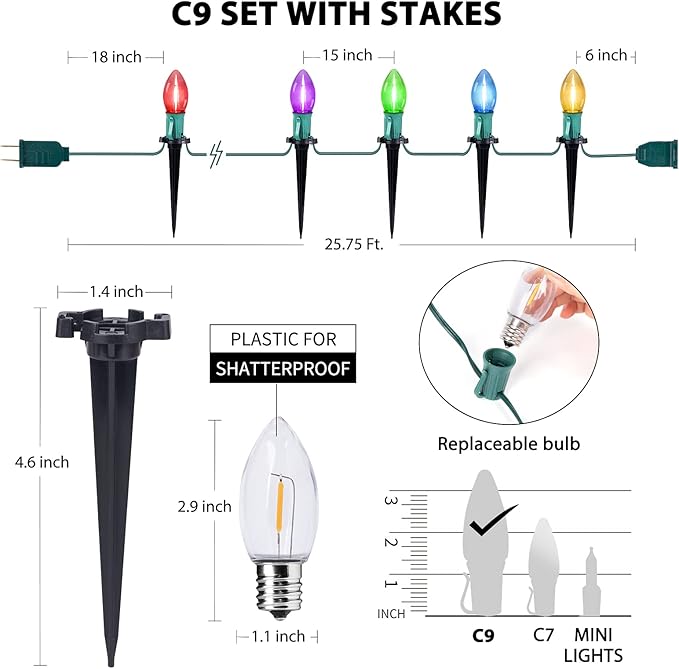 C9 Christmas Pathway String Lights - 2 Pack Total 51.4 Feet 40 LED Lights and 40 Stakes Extendable Waterproof for Outdoor Walkway Lights Driveway Christmas Decorations, Multicolored