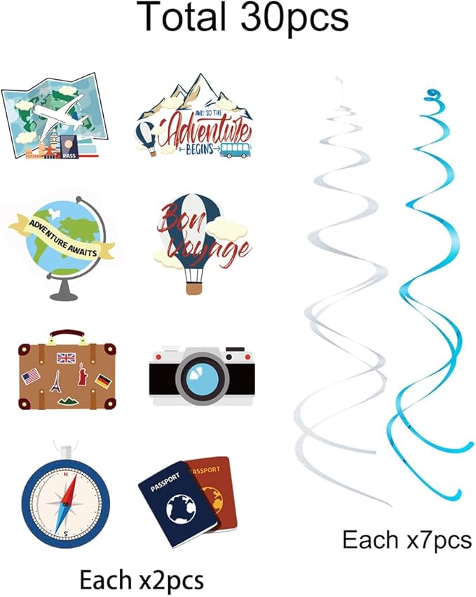 30PCS Travel Themed Hanging Swirl Party Decorations, Adventure Awaits Bon Voyage Signs Party Supplies for Birthday Party Retirement Party Farewell or Wedding Bachelorette Baby Shower Classroom Decor
