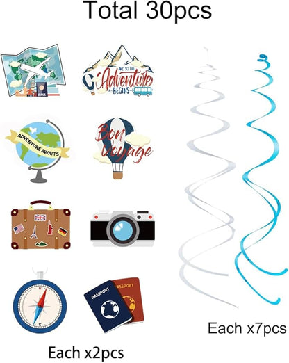 30PCS Travel Themed Hanging Swirl Party Decorations, Adventure Awaits Bon Voyage Signs Party Supplies for Birthday Party Retirement Party Farewell or Wedding Bachelorette Baby Shower Classroom Decor