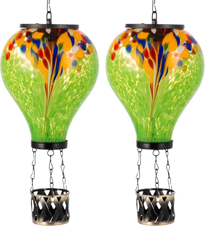 Starsoul 2 PC Hot Air Balloon Solar Lantern Tie-Dye Style Glass Outdoor Hanging Solar Hot Air Balloon Lantern with Flame Light Waterproof for Garden Yard Patio Decor