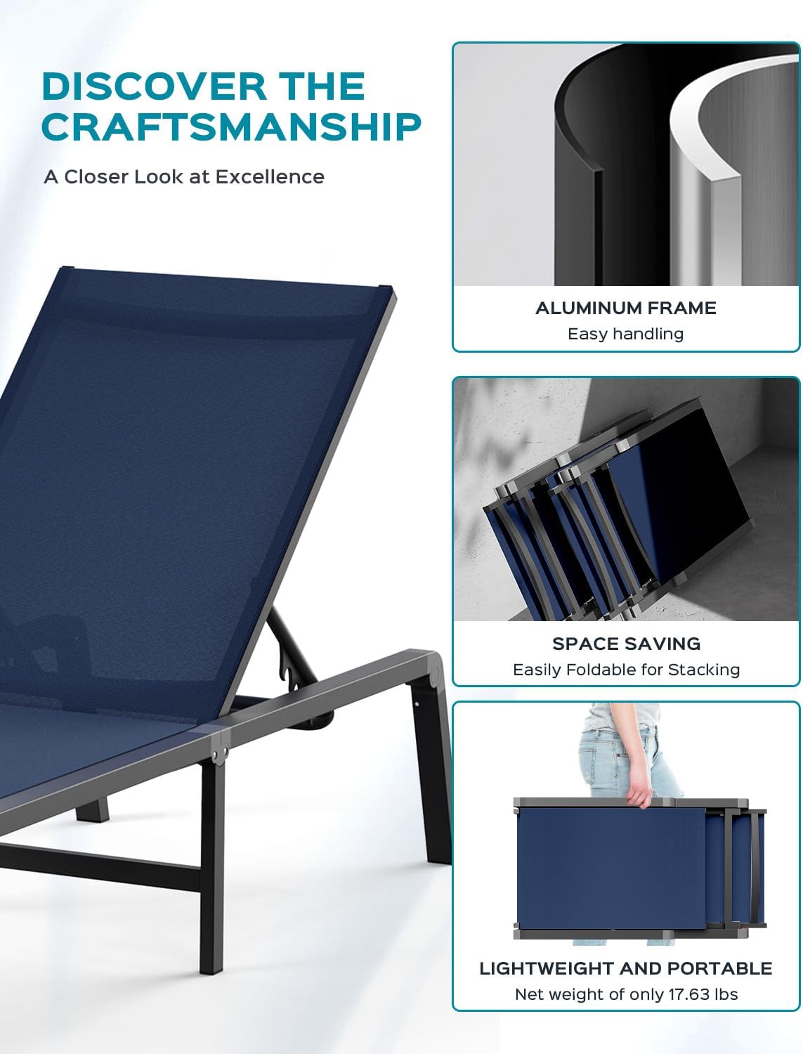 Aluminum Chaise Lounge Ourdoor - Foldable & Assemble Free Outdoor Lounge Chair with 5 Adjustable Backrest, Patio Lounge Chair for Outside Poolside Beach Pool, Navy Blue