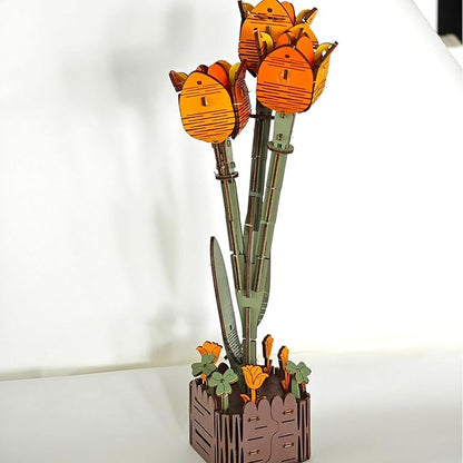 3D Wooden Puzzles for Kids DIY Wooden Flower Building Block Set Craft for Children Adults to Build Valentine's Day/Mother's Day/Teacher's Day/Birthday Gifts (Tulip)