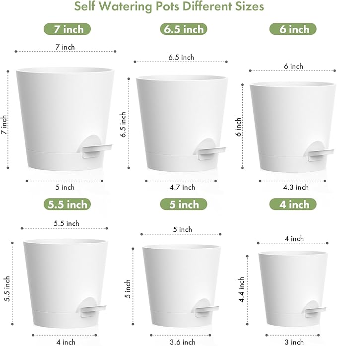 7/6.5/6/5.5/5/4 inch Self Watering Pots for Indoor Outdoor Plants, 6 Pack Plastic Flower Planters with Drainage Holes and Removable Saucers, Plant Pots with Wicking Rope, Modern Decor, White