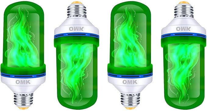 OMK 4 Pack Green Light Bulbs, Christmas Flame LED Light Bulbs Decorations Flickering/Breathing/Ligting/Gravity 4 Modes Flame Bulb for Bars Hotel Yard Porch Party Outdoor Decorative Holiday Gifts