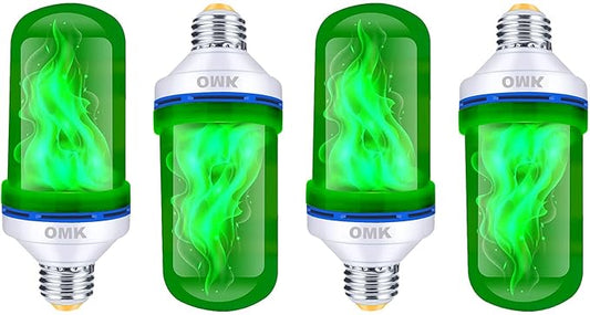 OMK 4 Pack Green Light Bulbs, Christmas Flame LED Light Bulbs Decorations Flickering/Breathing/Ligting/Gravity 4 Modes Flame Bulb for Bars Hotel Yard Porch Party Outdoor Decorative Holiday Gifts