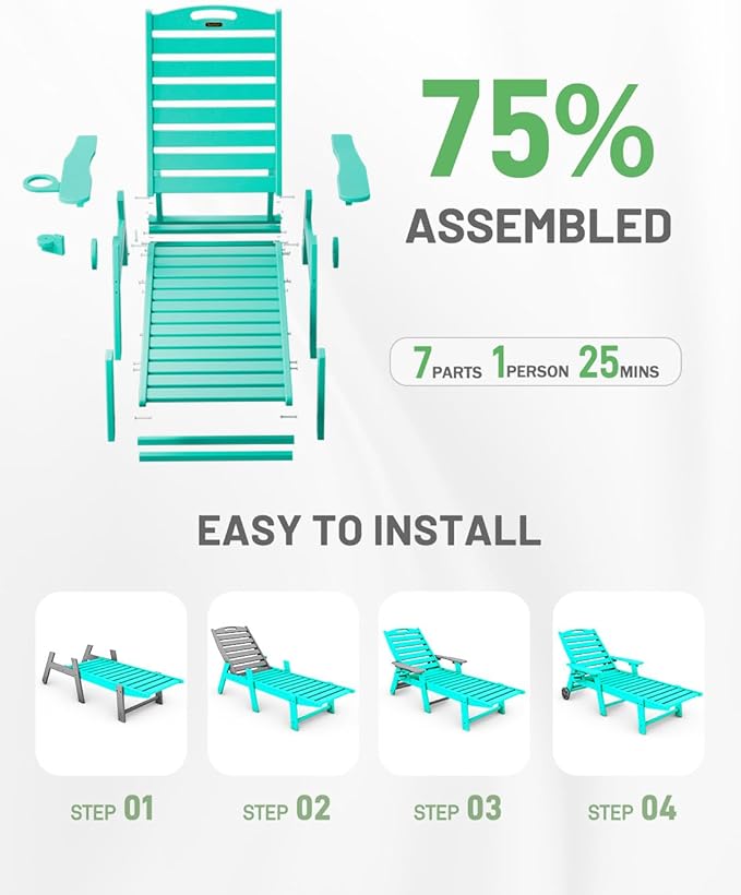 Lounge Chair Outdoor, Chaise Lounge, HDPE 6-Position Outdoor Chaise Lounge, Patio Lounge Chair with Wheels & Cup Holder for Pool Poolside Deck Backyard, Lake Blue