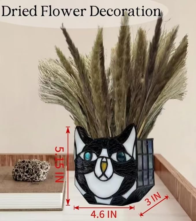 Tiffany Cute Cat Stained Glass Flower Pots,Indoor and Outdoor Plant Displays,Black Cat Plant Planter,Candle Holder Container Decoration 4.6 x 5.15 x 3 inch(Without Succulents)