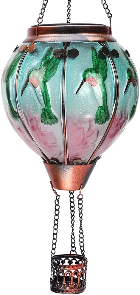 Hot Air Balloon Solar Lantern with Flickering Flame Hanging Solar Lanterns Outdoor Lights Waterproof Lanterns Decorative Garden Patio Yard Party Decor Hummingbirds&Pink Flowers