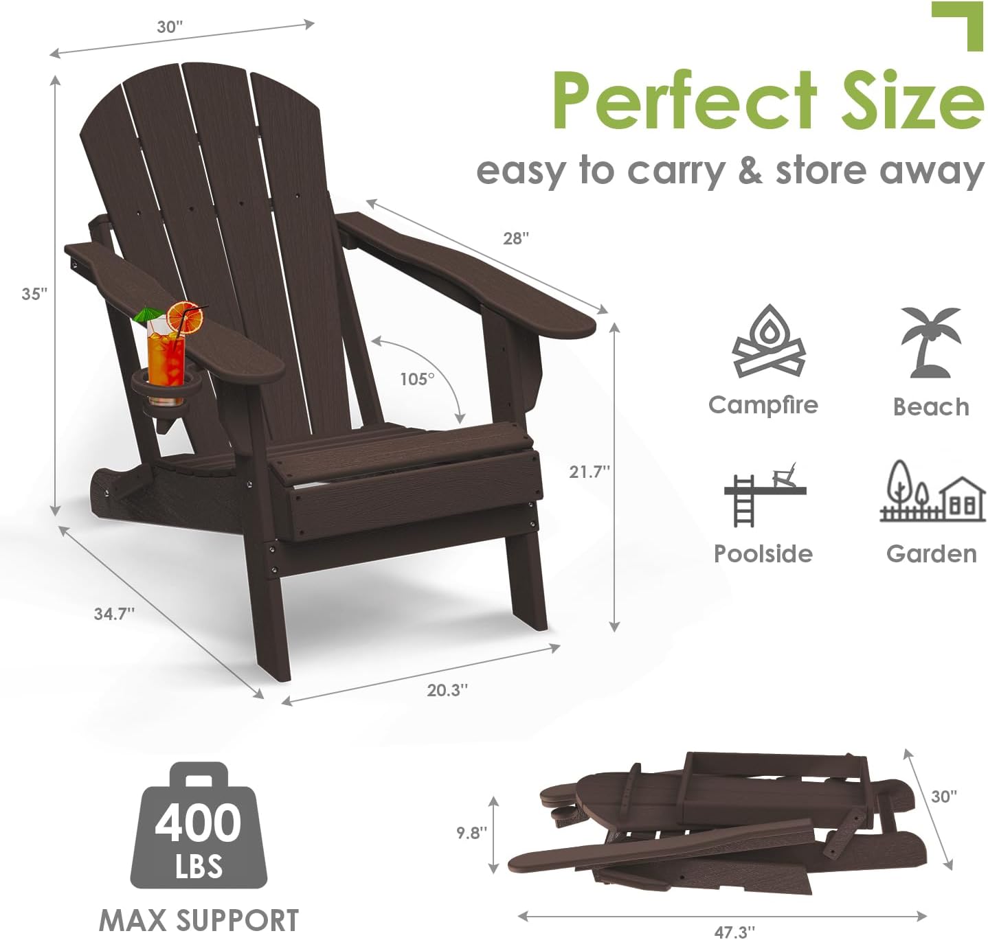 GREENVINES Folding-Adirondack-Chairs-Set-of-6 | Wood Grain | HDPE Plastic | Fire Pit Chair | All Weather | Cup Holder | Dark Brown | for Deck Backyard Patio Outdoor