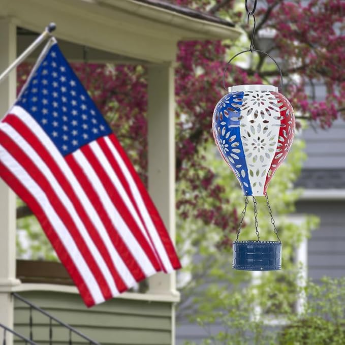 Solar Hot Air Balloon Lantern,Hanging Lantern Outdoor Waterproof Decorative Metal LED Solar Lights for Trees Patio Garden Yard Porch Decor, Flag