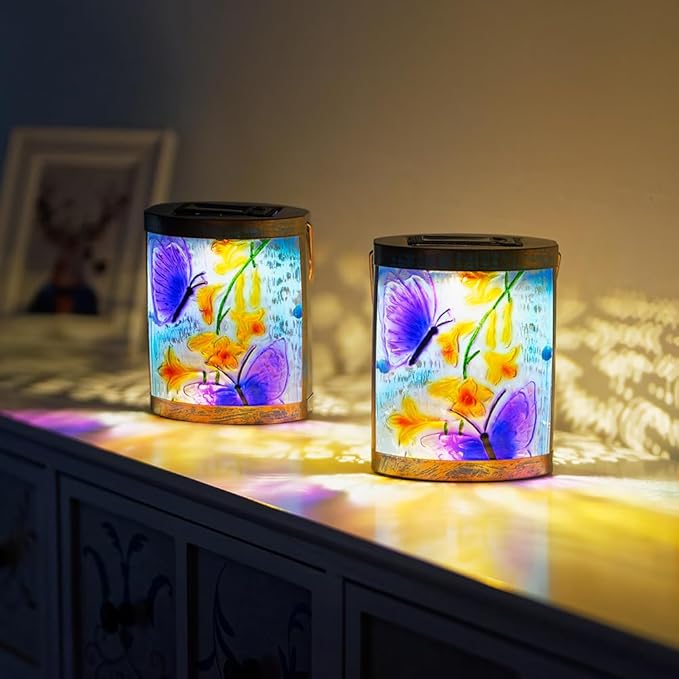 2 Pack Purple Butterfly Hanging Solar Lights for Outside Waterproof Glass Solar Lantern for Tabletop Garden Patio Decor