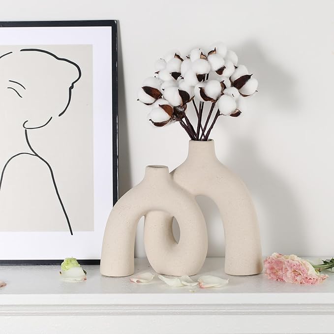 CEMABT Modern Nordic Boho Vase Set - Elegant Beige Matte Ceramic Home Decor for Living Room, Bookshelf, Mantel, Entryway Table & Console Décor | Shelf Decorations Gift