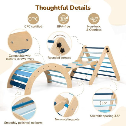 Pikler Triangle Set with Cushion, 8-in-1 Toddler Climbing Toys Indoor, Wooden Montessori Climbing Set with Arch Ramp,Ladder&Tent Cloth, Baby Indoor Climber Jungle Gyms for Toddlers Toy, Blue
