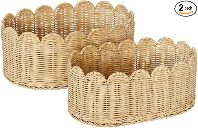 BEBE BASK Premium Scalloped Basket Set Of 2 - Scallop Basket - 16 x 10 x 7 Inch - Hand-Woven Elegant Wicker With Scalloped Edge - Nursery Storage (Natural)