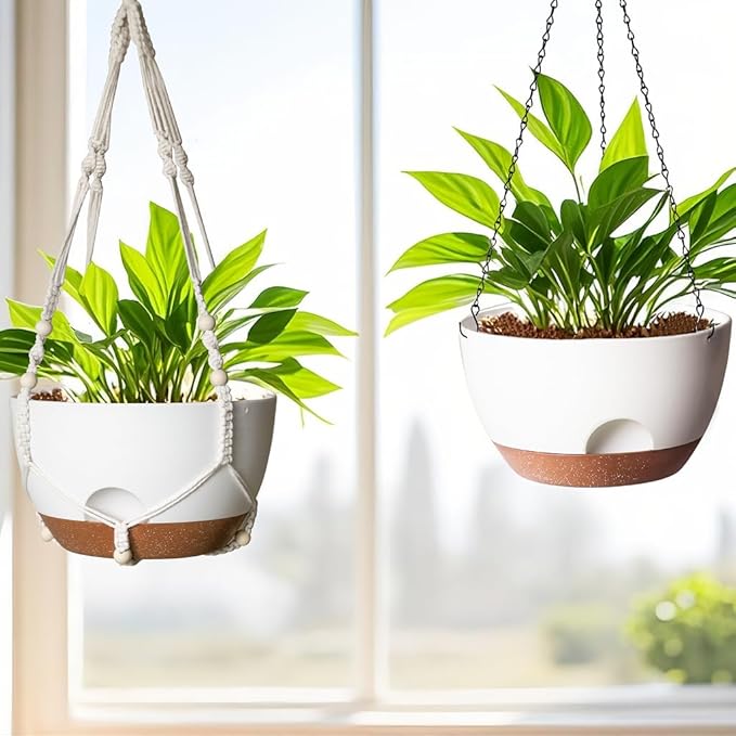 12 Inch Hanging Baskets for Plants Outdoor, Hanging Planters for Indoor Outdoor Plants, Hanging Planter with Self Watering, Hanging Flower Pots (White Planter with Macrame + Iron Hangers)