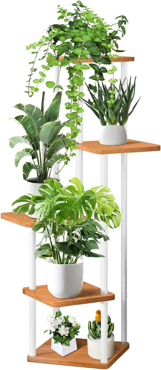 5 Tier Wood Tall Plant Stand Metal Rack Indoor, Multiple Flower Pot Holder Shelves Corner Rack, Planter Shelf Display Rack Storage Organizer for Patio Living Room Balcony Garden(White)