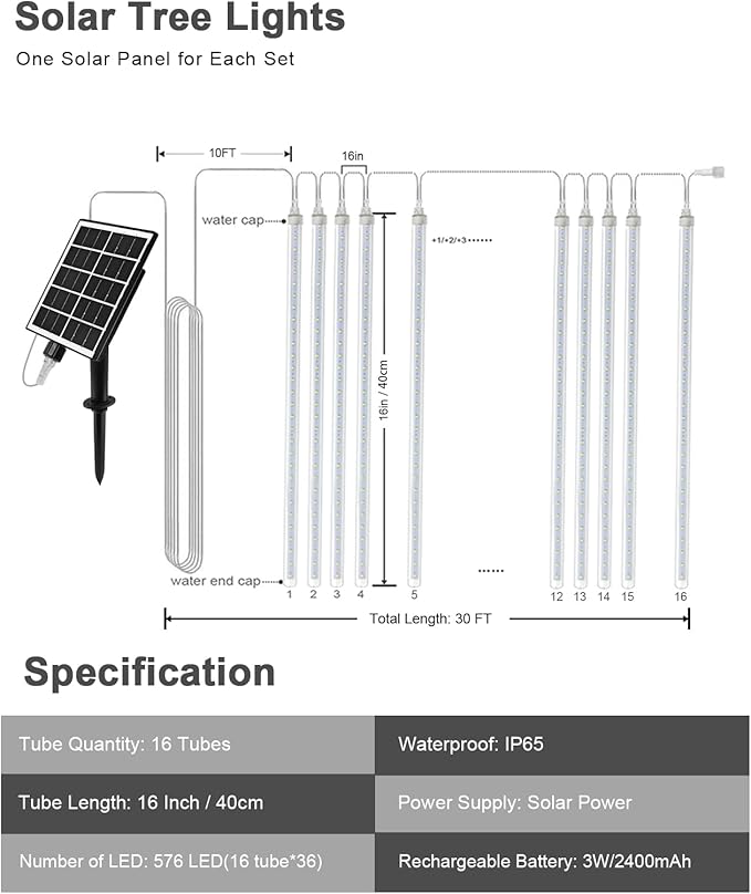 solar meteor shower lights outdoor, White