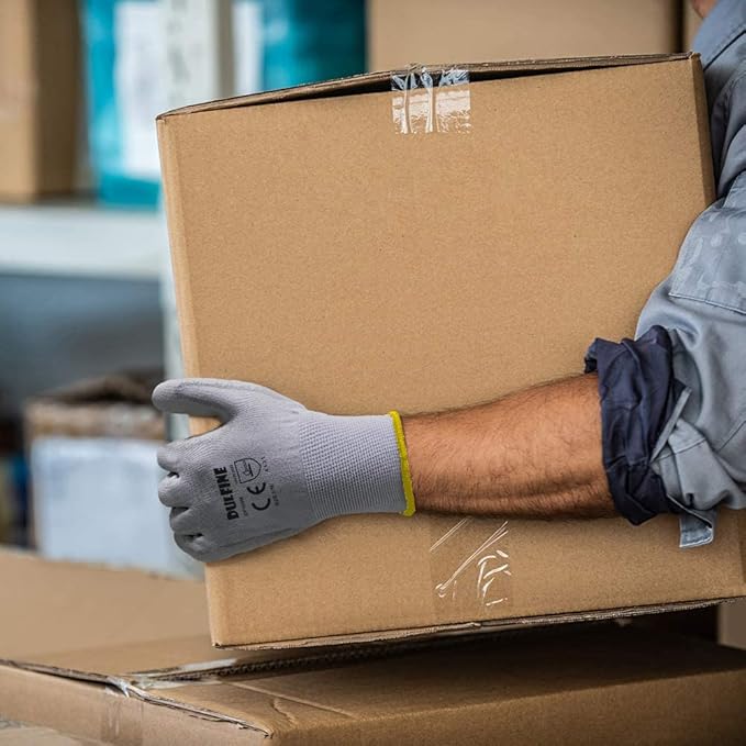 DULFINE Safety Work Gloves PU Coated-12 Pairs,Grey Seamless Knit Glove with Polyurethane Coated Smooth Grip on Palm & Fingers, for Men and Women, Ideal for General Duty Work (XX-Large)