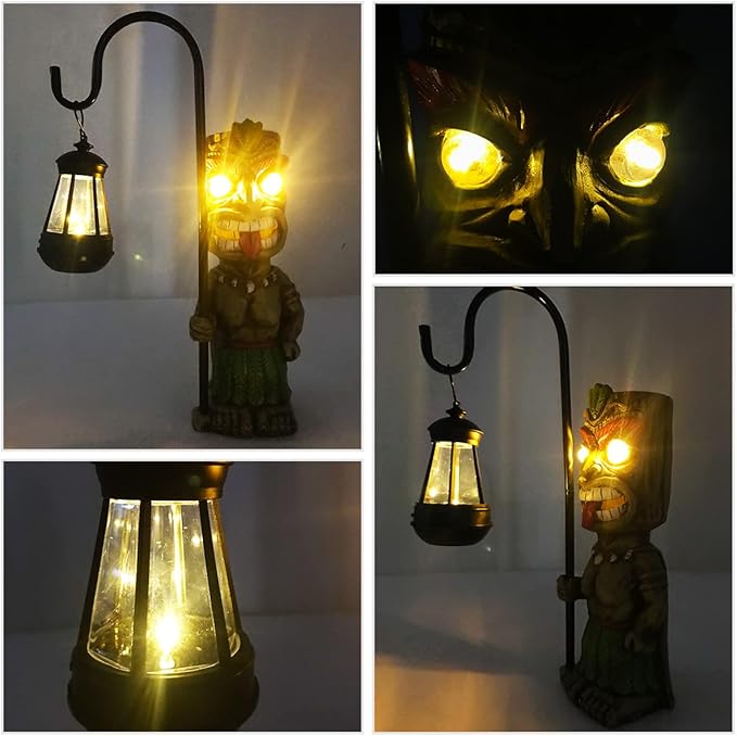 16.7" H Tiki Decor Garden Statue,Large Lantern Tiki Figurine with Solar Lights,Hawaiian Tiki Man Outdoor Patio Yard Lawn Bar Party Beach Pool Pond Halloween Christmas Decoration Ornament Gifts