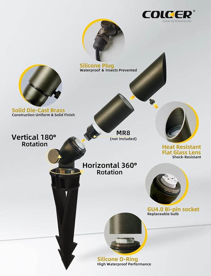 COLOER Mini Size Die-cast Brass Landscape SpotLights Outdoor, 12Volt AC/DC Low Voltage Garden Driveway Lights,IP65 Waterproof Outdoor Yard Lighting(104B, Bronze, 10-Pack Without Bulb)