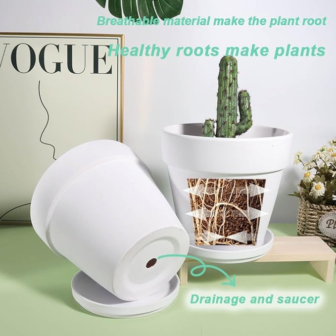 vensovo 8 Inch White Clay & Terracotta Pots for Plant with Saucer - 2 Pack Large Ceramic Terra Cotta Planter with Drainage Hole, Clay Flower Pot with Tray for Indoor Outdoor Plants