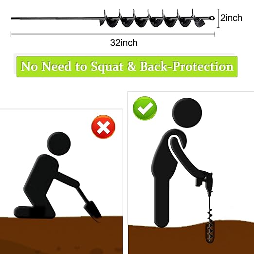 TCBWFY 2x32 Inch Auger Drill Bit for Planting - Long Handle Easy Planter Garden Auger - Bulb & Bedding Plant Augers - Post Hole Digger for 3/8”Hex Drive