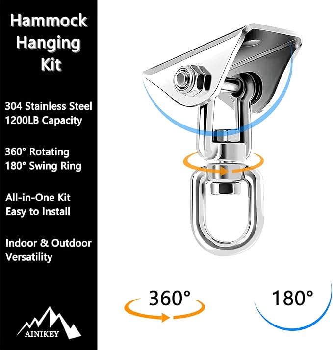 Heavy Duty Hammock Hanging Kit, 360° Rotating 1200 lb Swing Hangers for Hammock Chair Stand, Seat, Porch Swing, Yoga, Tree, Indoor Outdoor Hanging Hardware Sliver | Pack of 2