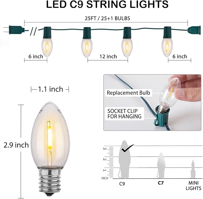 Vintage C9 Christmas Lights Outdoor, 25 Feet 25 LED C9 Christmas Decorations, Connectable Waterproof String Lights for Holiday Party Roofline Backyard Garden Patio, E17 Base, Warm White