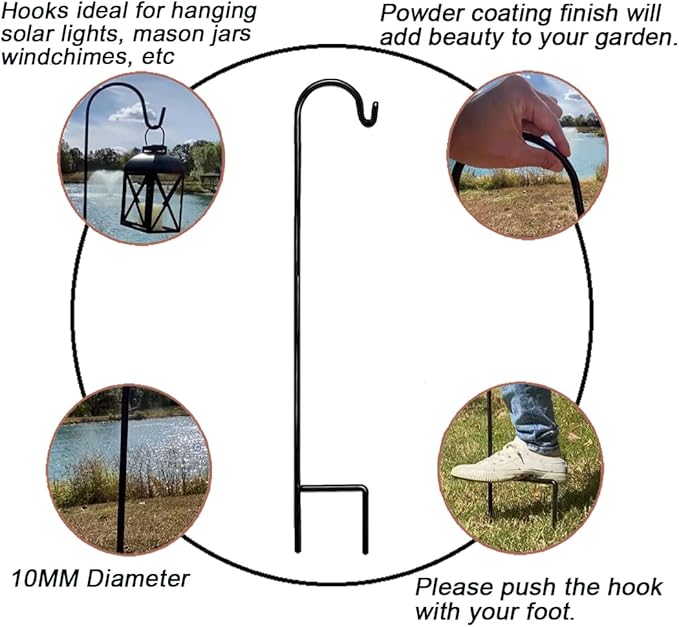 Ashman Black Shepherd Hook 48 Inch (2 Pack), 10MM Thick, Super Strong, Rust Resistant Steel Hook Ideal for Use at Weddings, Hanging Plant Baskets, Solar Lights, Lanterns, Bird Feeders.