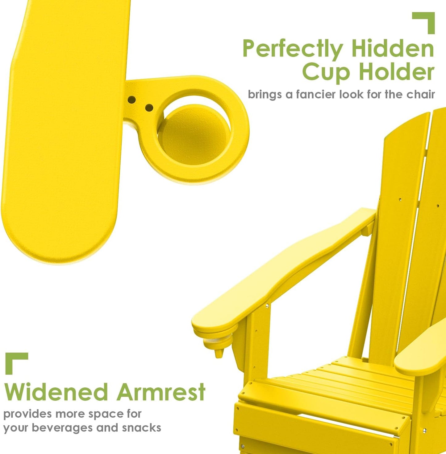 GREENVINES Folding-Adirondack-Chairs-Set-of-4 | HDPE Plastic | Fire Pit Chair | All Weather | Cup Holder | Yellow | for Deck Backyard Patio Outdoor Garden