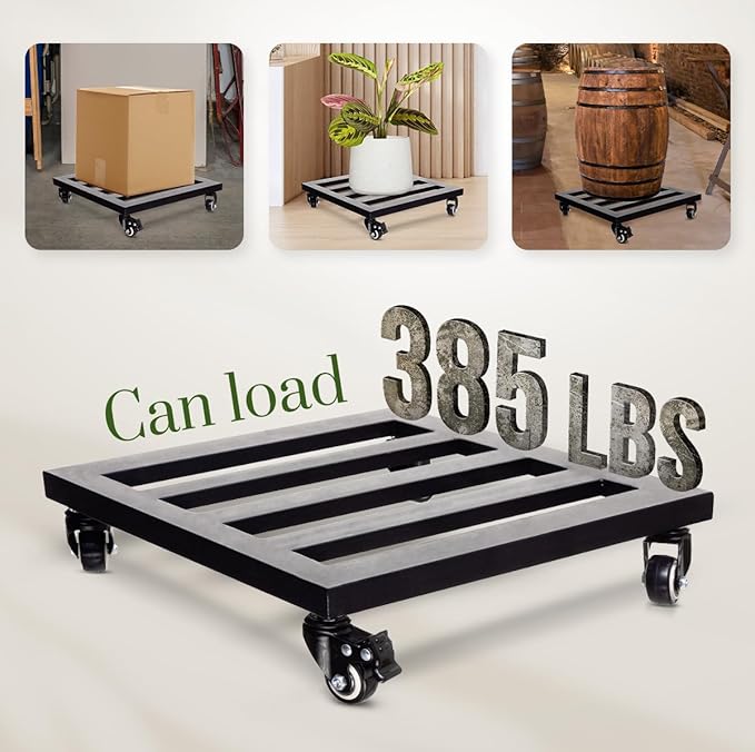 IDZO Upgraded Lockable Heavy Duty Trolley Capacity 385lbs, 12 Inch, Black, Large Plant Pots, Parasol Stands and Bases or Plant Stand with Wheels