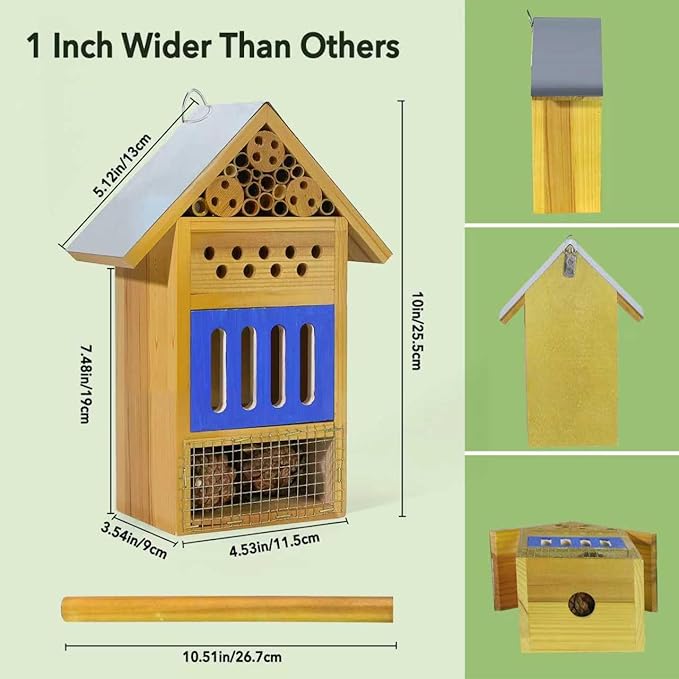 Wooden Butterfly House & Bee House for The Garden, Durable Bug Hotel W/Wooden Stake and Iron Roof, Insect Habitat On The Ground Or Hanging On The Tree, for Butterfly, Bee, Ladybug, Bug