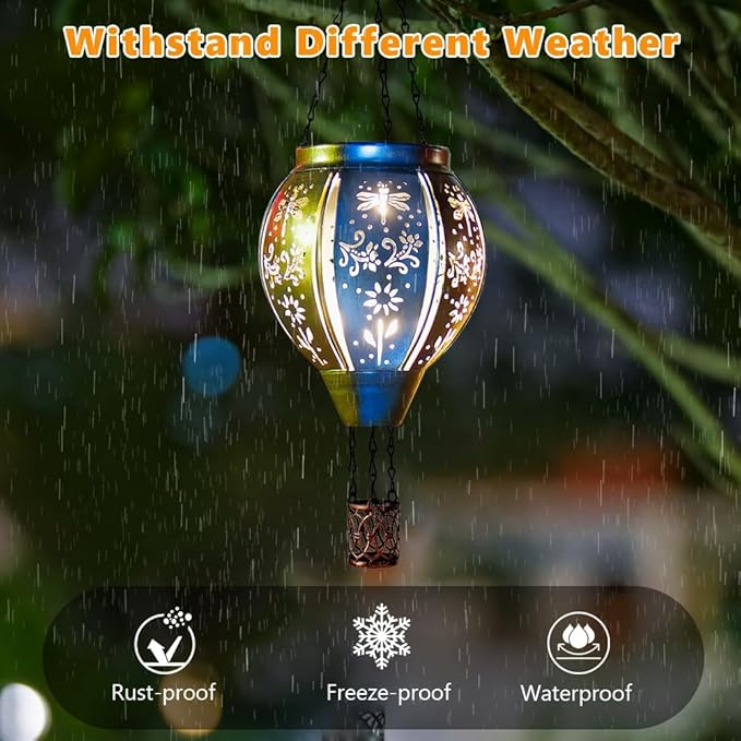 Starsoul Hot Air Balloon Solar Lantern with Dragonfly Projection Metal Outdoor Waterproof Hanging Hot Air Balloon Solar Lights for Garden Yard Patio Decor