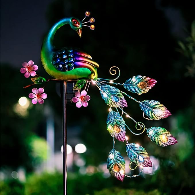 VEWOGARDEN Peacock Solar Lights Outdoor Metal Solar Garden Lights Solar Pathway Lights Outdoor Waterproof LED for Patio Lawn Yard Decorations