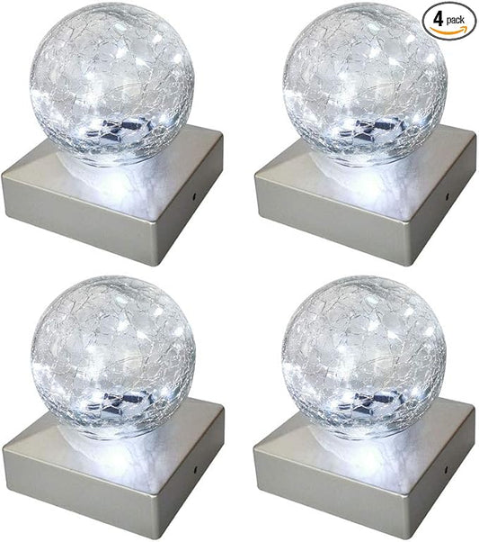 Solar Post Lights - Outdoor Post Cap Light for Fence Deck or Patio Garden Decoration- Solar Powered Gazing Ball Caps, LED Lighting, Lamp Fits 4x4 - White 4 Pack