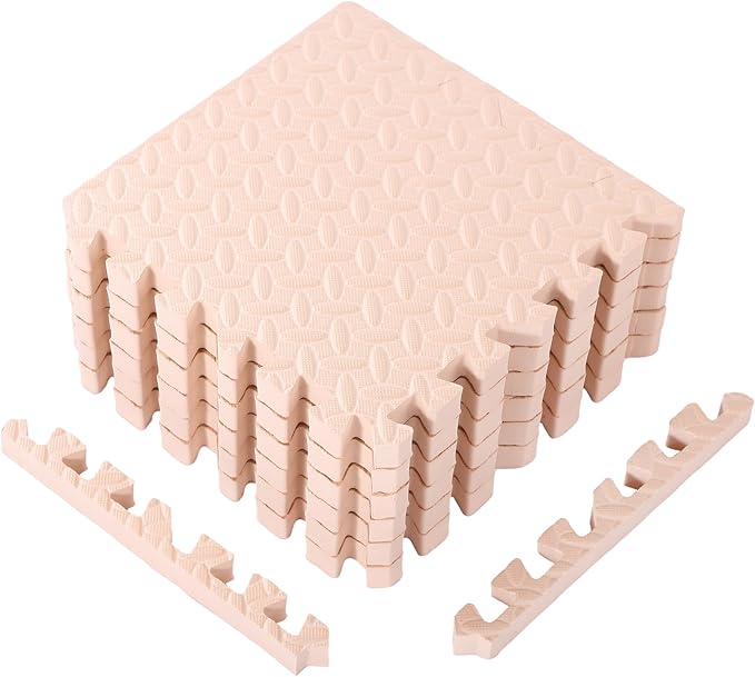 12 Tiles 12x12x1 Inch EVA Thick Interlocking Foam Floor Tiles Puzzle Exercise Mat Play Foam Mats for Boys Girls Baby Pets Home Classroom Nursery Gym(Beige)