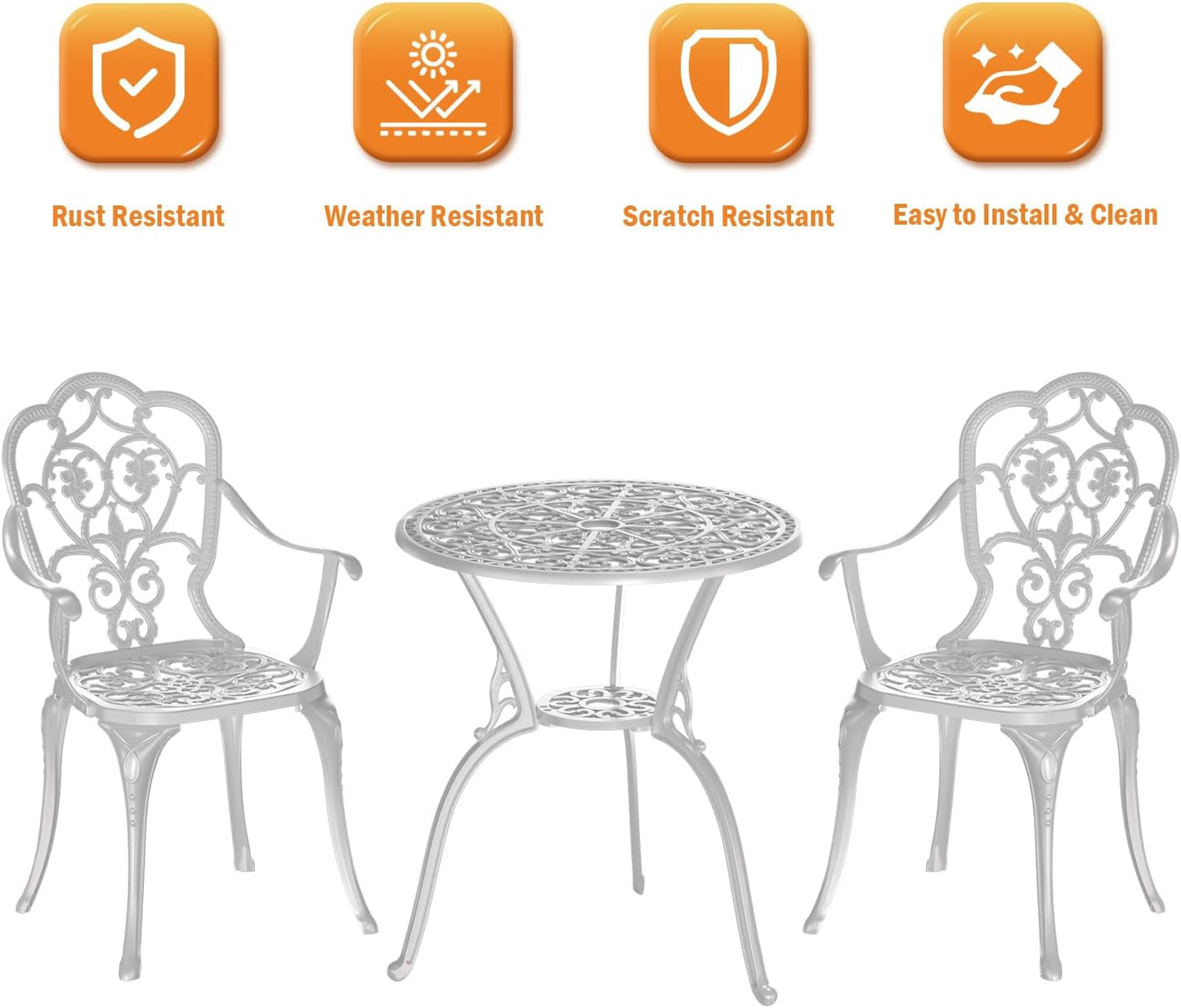 Patio Bistro Set of 2, Cast Aluminum, Outdoor Set w/Umbrella Hole, 3 Piece Table and Chairs Set, Bistro Set for Backyard/Garden/Lawn, White