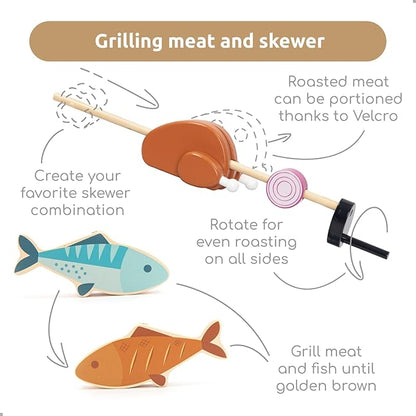 UMU Kids Grill Set, Pretend Play BBQ Toys with Wooden Grill, Cutting Food, and Cooking Accessories – Play Kitchen Outdoor & Indoor Barbecue Toy for Toddlers and Kids Age 3 4 5 6 7 8+