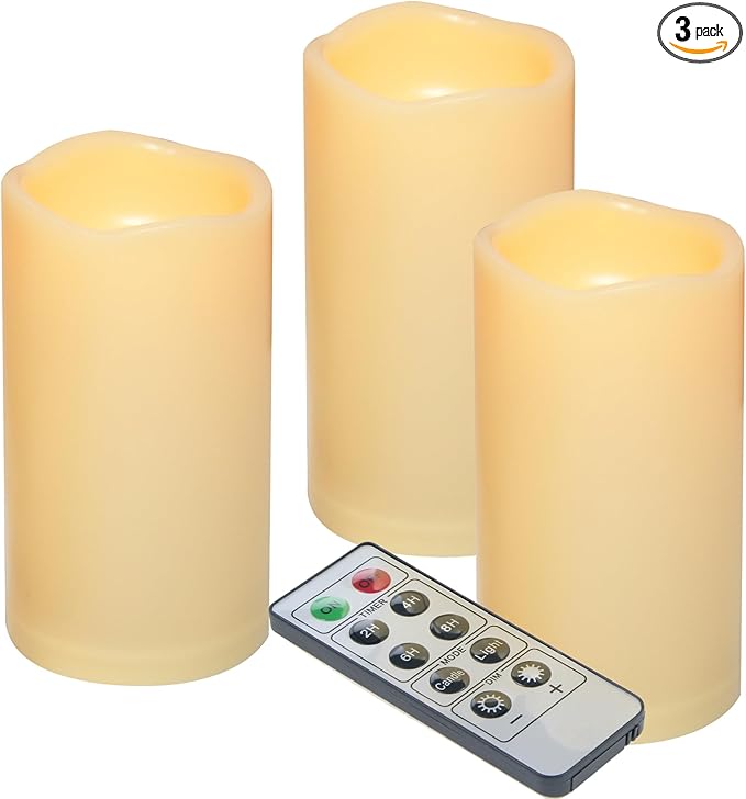 iZAN 3-Pack Outdoor Flameless LED Battery Operated Candles with Remote Waterproof Flickering Electric Pillar Candles for Halloween Chirstmas Home Wedding Party Festival Décor Long Battery Life 3”x6”