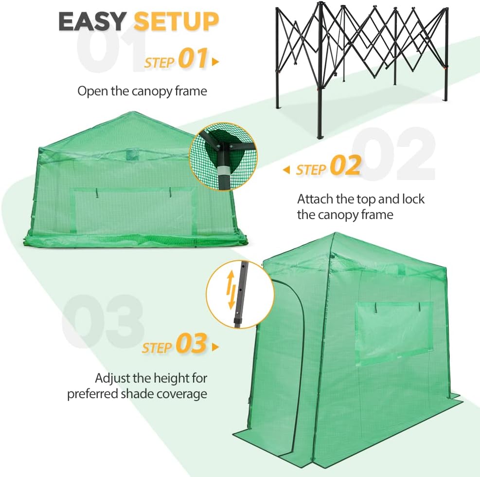 EAGLE PEAK 9x4 Lean to Portable Walk-in Greenhouse, Pop Up Indoor Outdoor Garden Green House, Zippered Doors and Window, PE Cover, Green