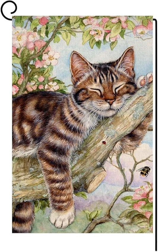 BLKWHT Spring Cat Garden Flag 12x18 Vertical Double Sided Pink Floral Farmhouse Holiday Outside Decorations Burlap Yard Flag BW573