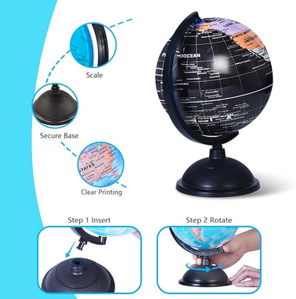 8 Inch World Globe with Stand Rotating Earth Spinning Globe for Kids Geography Classroom Education or Decorations (Black)