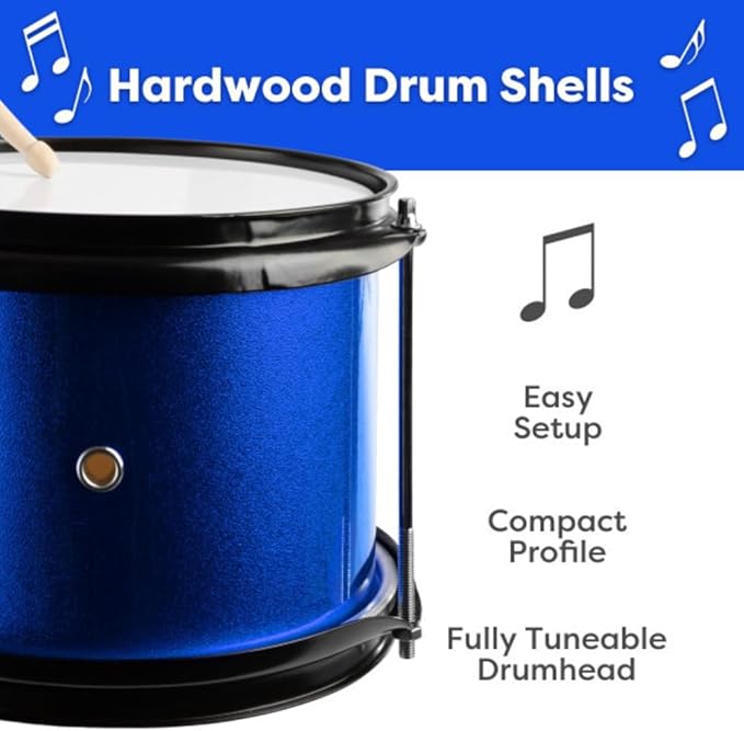 Hey Play Kids 3-Piece Drum Set - Kit With Cymbal, 2 Toms, Bass and Pedal, Drumsticks and Throne - Beginner Musical Instruments (Blue)