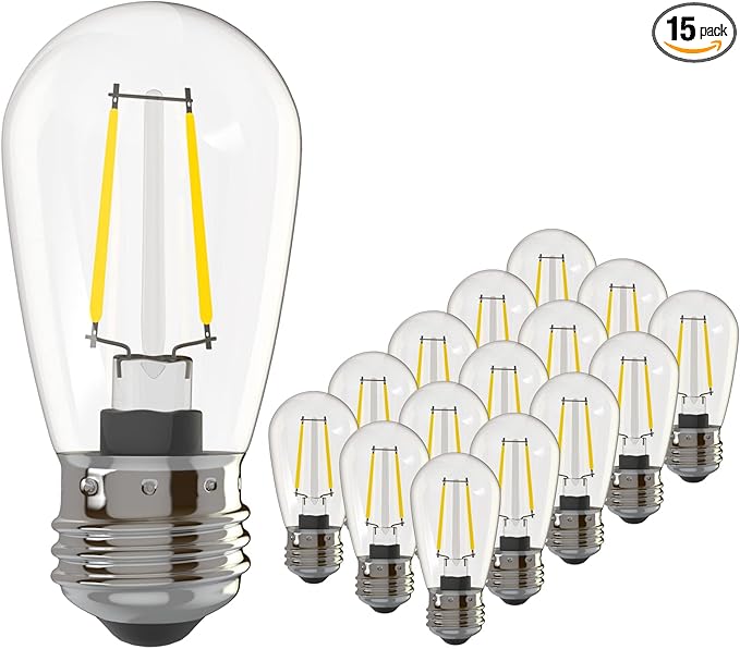 Banord 15 Pack Dimmable 2W S14 Replacement LED Bulbs, 2200K Waterproof Outdoor String Lights Vintage LED Filament Bulb, Shatterproof E26 Screw Base Edison LED Light Bulbs