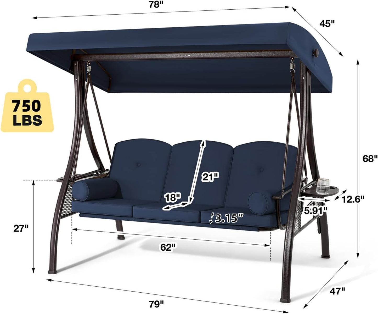 HOMREST 3 Person Outdoor Porch Swing with 1.5" Upgraded Cup Holder, Adjustable Canopy, Backrest, Patio Swing Bed with Weather Resistant Steel Frame, Cushions for Garden,Deck and Poolside(Blue)