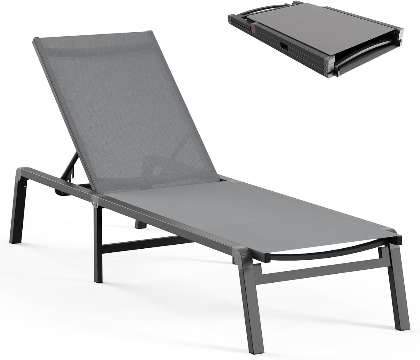 Aluminum Chaise Lounge Ourdoor - Foldable & Assemble Free Outdoor Lounge Chair with 5 Adjustable Backrest, Patio Lounge Chair for Outside Poolside Beach Pool, Grey