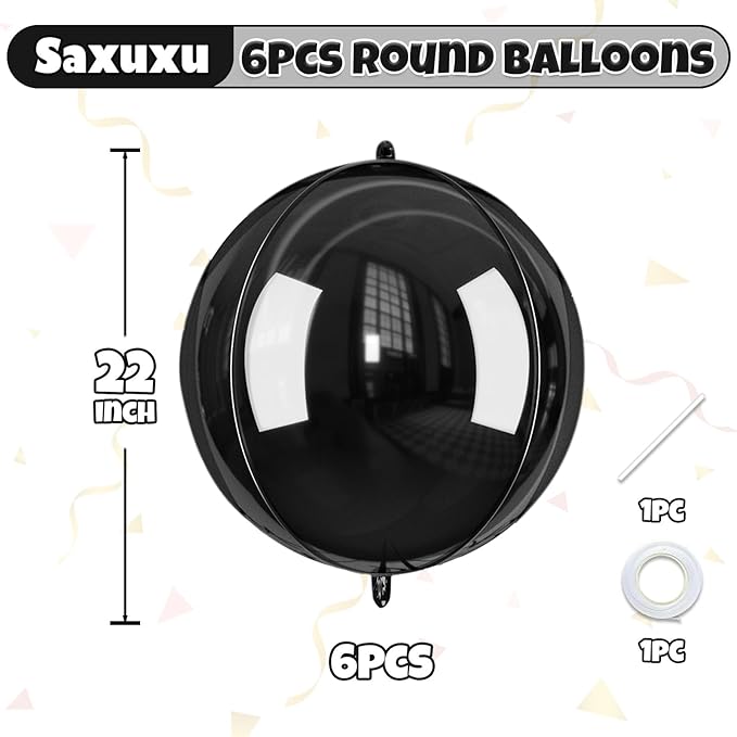 Giant 4D Foil Balloons, 6Pcs Large Metallic Black Round Balloons, 22 Inch Big Round Foil Balloon for Black Birthday Party Baby Shower Wedding Decorations