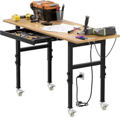 60" Adjustable Workbench with Drawer, Movable Heavy-Duty Workstation with Locking Wheel, 2000 LBS Worktable with Power Outlets, Wooden Work Bench for Garage, Workshop, Office
