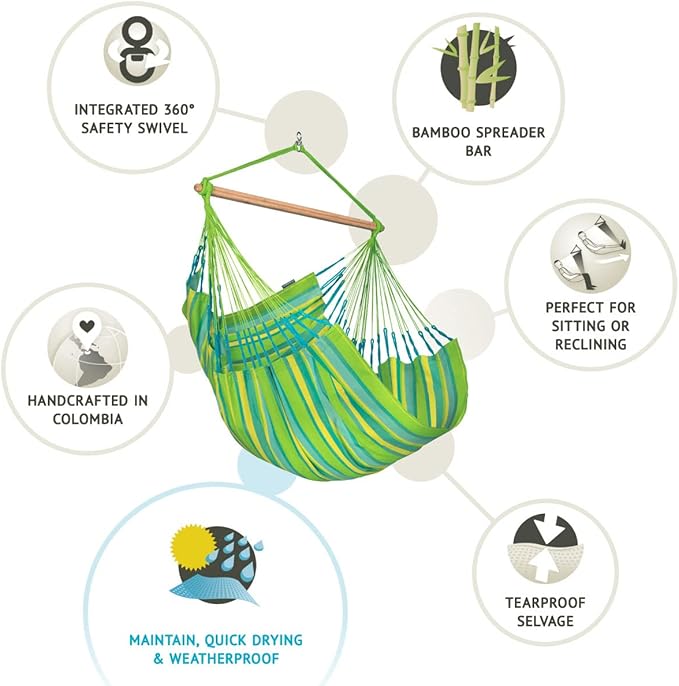 LA SIESTA® - Large Comfort Domingo Hammock Swing Chair - Weather & Tear Resistant Hanging Hammock Chair - Indoor Outdoor Hammock Chair Swing - Patio Porch Bedroom Hanging Chair - Max 285 Lbs, Lime