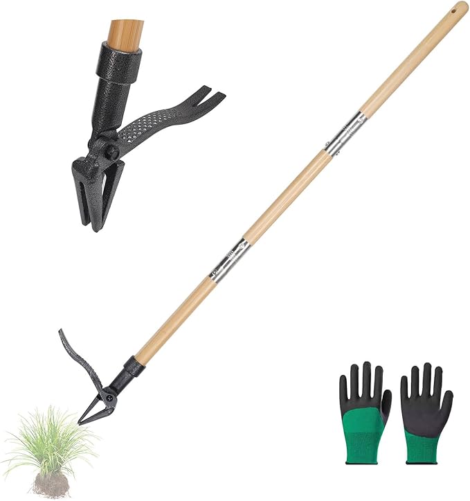 Weed Puller Tool Stand Up Weed Puller Tool with 3-Section Bamboo Handle & 4-Claw Steel Head Manual Weeder for Lawn and Garden (Bamboo)